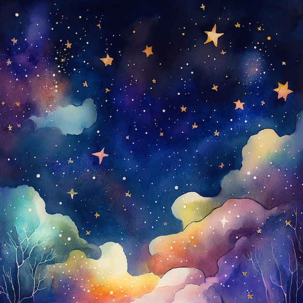 starry night sky with clouds and stars and trees generative ai