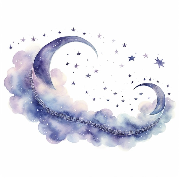 Starry night sky with crescent and stars and a train generative ai