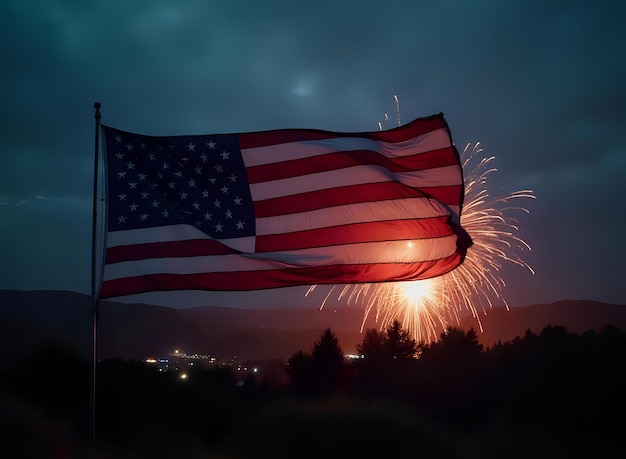 Photo a starry night sky with firework explosions and american flag