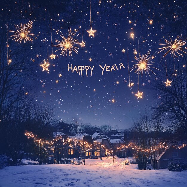 Photo a starry night sky with fireworks and a happy new year message written in the stars