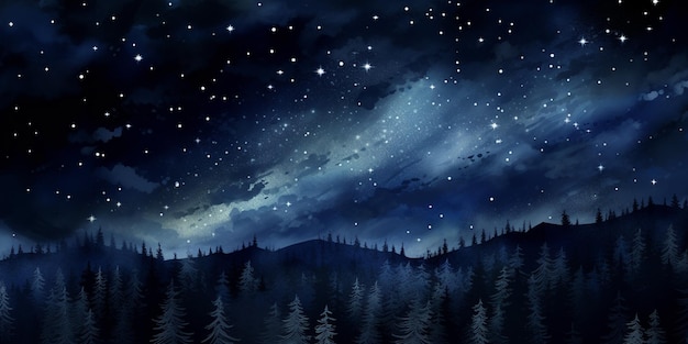 Starry night sky with a forest and a mountain generative ai