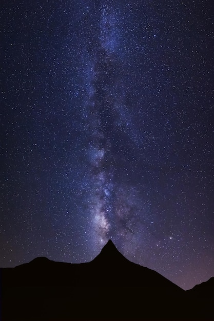 Starry night sky with high moutain and milky way galaxy with stars and space dust in the universe