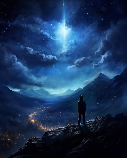 starry night sky with a man standing on a mountain looking at a star generative ai