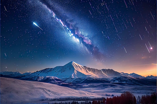 A starry night sky with a mountain in the background