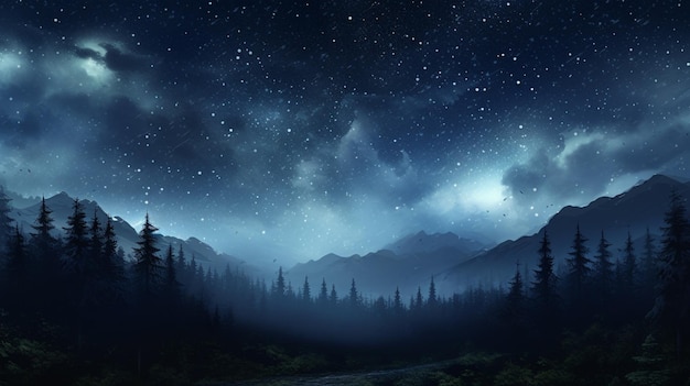 Starry night sky with a mountain and forest scene generative ai