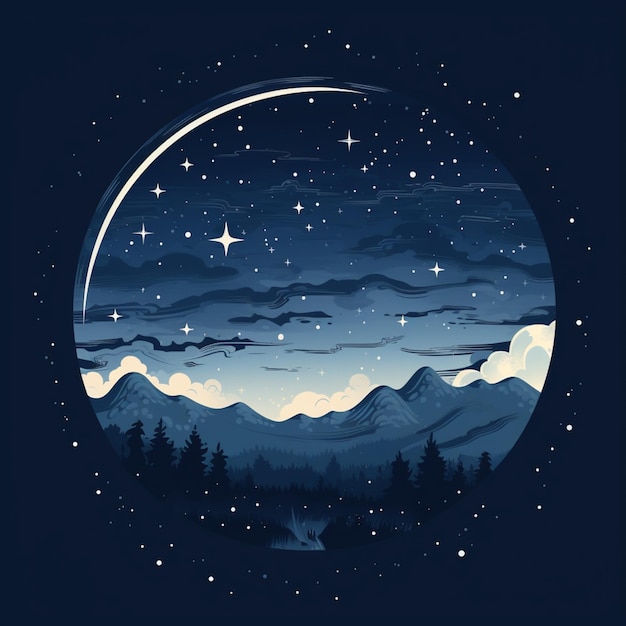 starry night sky with a mountain range and a crescent generative ai