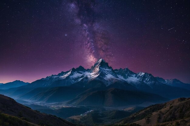 A starry night sky with mountains and a purple sky with stars above