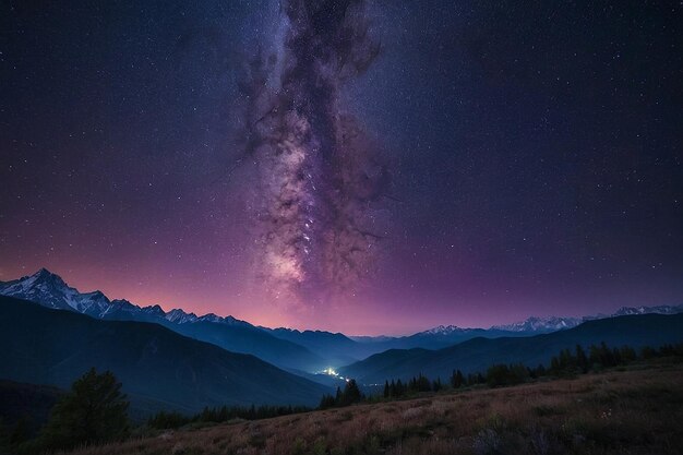 A starry night sky with mountains and a purple sky with stars above