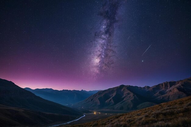 A starry night sky with mountains and a purple sky with stars above