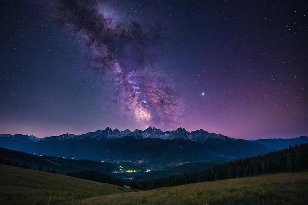 A starry night sky with mountains and a purple sky with stars above