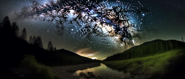 starry night sky with a stream of water and a mountain generative ai