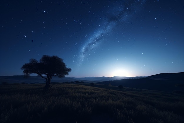 A starry night sky with a tree in the foreground and the milky way in the background.