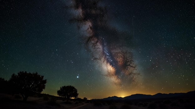 a starry night sky with a tree and galaxy in the background