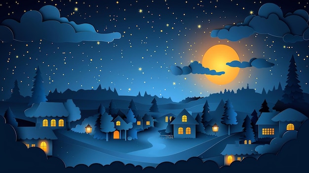 Photo starry night over a small village with lanterns room for text illustration papercutting style