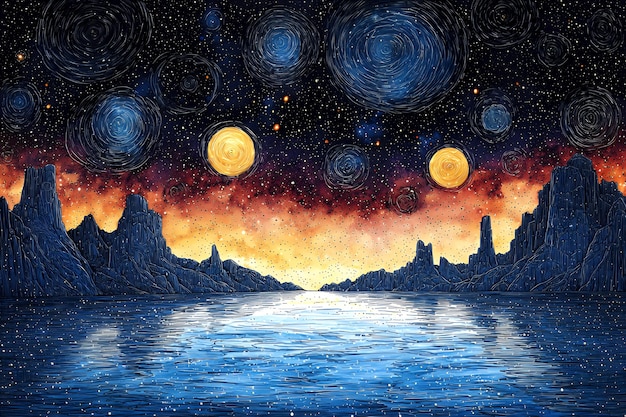 Photo starry night over water with mountains and planets