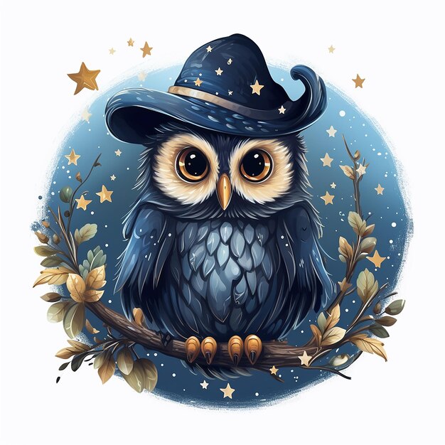 Photo starry night witch owl vector flat lay