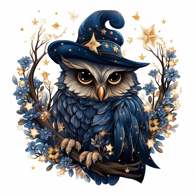 Photo starry night witch owl vector flat lay