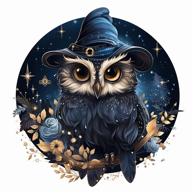 Starry Night Witch Owl Vector Flat lay