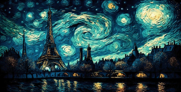 starry night with background as paris