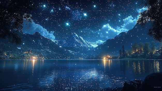 a starry night with a mountain in the background