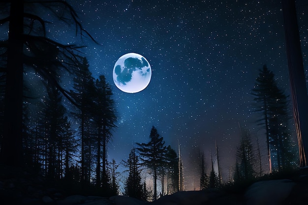 Starry realistic night sky over a dark forest with a full moon and a shooting star