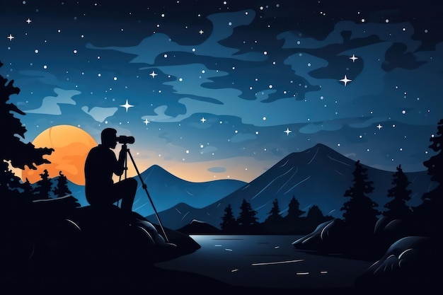 Photo starry silhouette a majestic night landscape illustration with mountains stars and a blue sky as the background