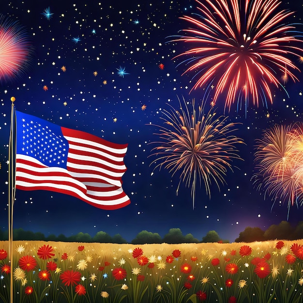 Photo starry sky background with firework explosions and american flag