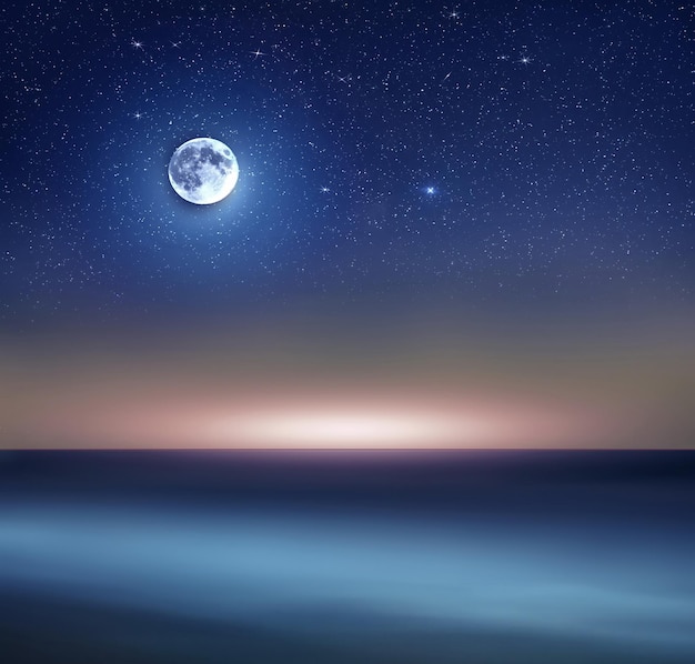 starry sky  blue moon nebula reflection on on sea water  beautiful seascape milky way universe