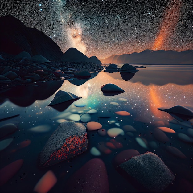 Starry sky over a body of water with rocks and bright orange glow generative ai