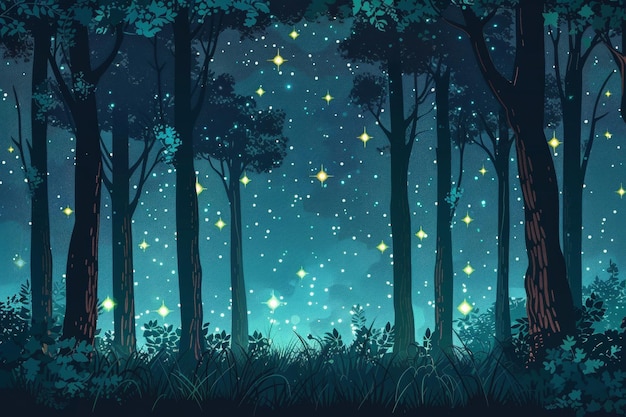 Starry sky and fireflies over dark forest