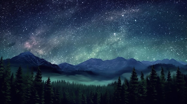 Starry sky over lake and mountains in the background generative AI