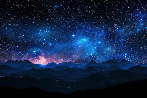 Starry sky Milky Way night view of the desert with distant mountains in silhouette