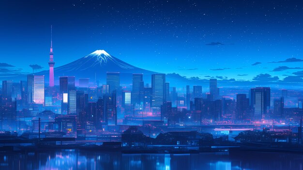 Photo starry sky night view of the tokyo cityscape with mount fuji in the background illustration