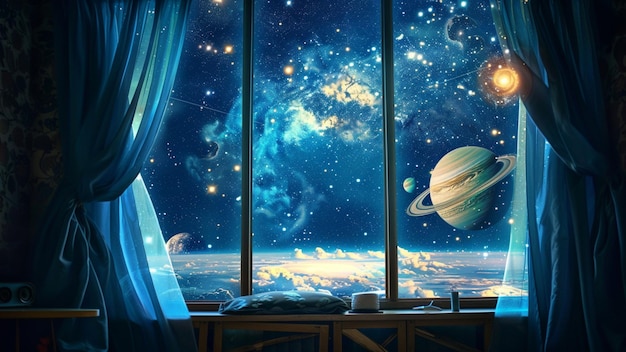 Starry Sky Window Displaying Stars Planets Galaxies Shooting Stars Nebulas