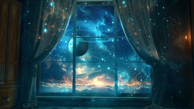 Starry Sky Window Displaying Stars Planets Galaxies Shooting Stars Nebulas