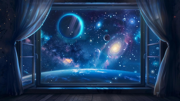 Starry Sky Window Displaying Stars Planets Galaxies Shooting Stars Nebulas