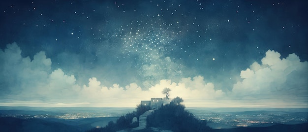 starry sky with a castle on a hill with a sky background