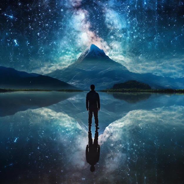 Starry sky with a man standing in front of a lake generative ai