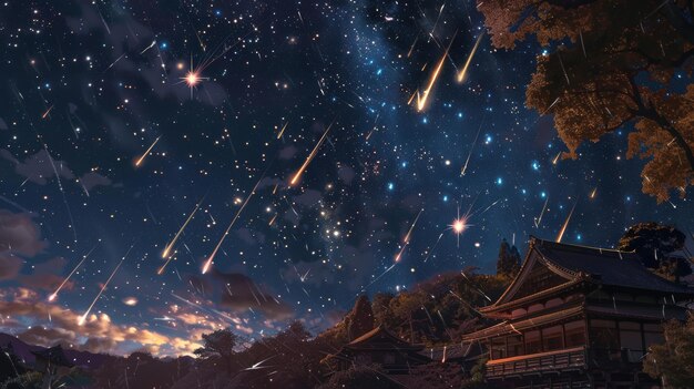 Starry sky with meteors over serene landscape