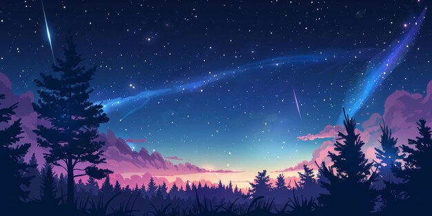 Starry sky with meteors over serene landscape