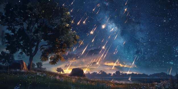 Starry sky with meteors over serene landscape