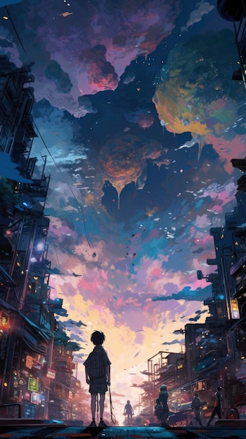 A starry sky with people walking in it in the style of anime art colorful turbulence Generate Ai