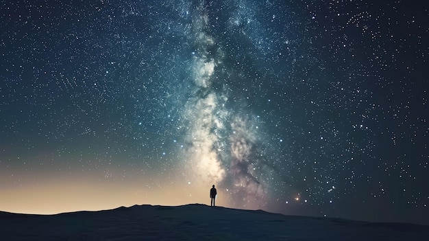 starry sky with a person standing on a hill looking up at the stars generative ai