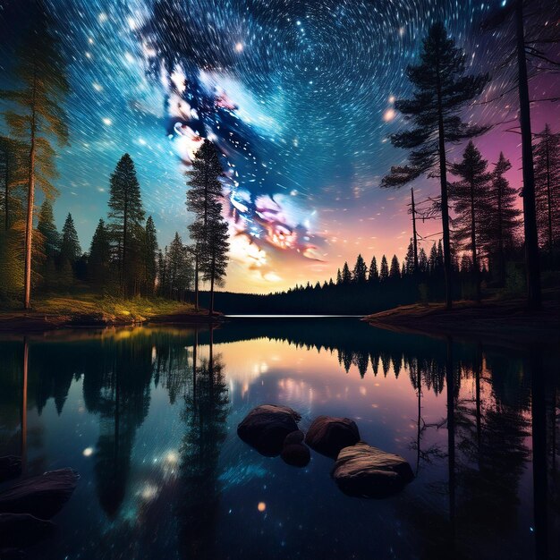 a starry sky with stars and a lake with trees in the background