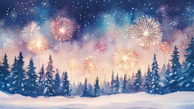 Starry Winter Forest with Colorful Fireworks Display