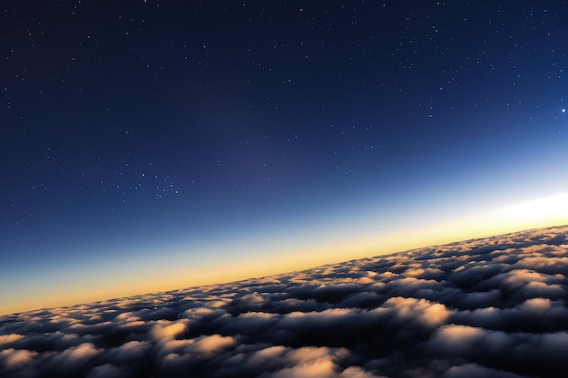 Stars above cumulus clouds in the rays of the setting sun