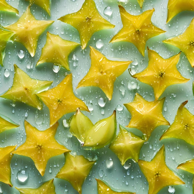 a stars fruit with water drops on it