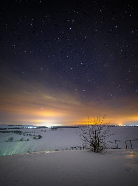 Stars of the night sky with clouds. Snowy winter landscape at dusk