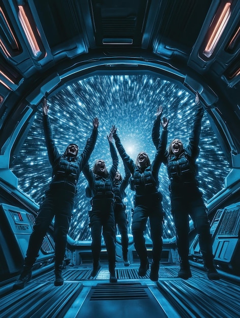 Starship crew celebrating a successful jump through hyperspace