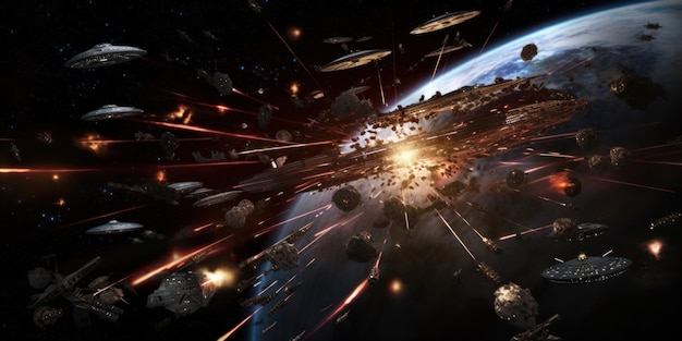 Starships fighting epic battle in space Beautiful illustration picture Generative AI